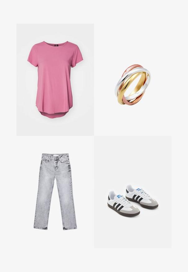 Ružové tričko s krátkym rukávom a okrúhlym výstrihom, vo voľnom strihu, s mírne dlhším zadným lemom. Vyrobené z mäkkej, hladkej látky.; Šedé džínsy s rovnými nohavicami, s opotrebovaním, piatimi vreckami a meďou pokovovanými nitmi. Pás má štítok s logom.; Športové topánky s bielym koženým zvrškom, šedou semišovou špičkou a tromi čiernymi pruhmi. Obsahujú modré logo na jazyku a štruktúrovanú gumovú podrážku.; Tričko prepojené prstene vyrobené z lešteného striebra, zlata a ružového zlata, s hladkým, zaobleným dizajnom a lesklým povrchom.