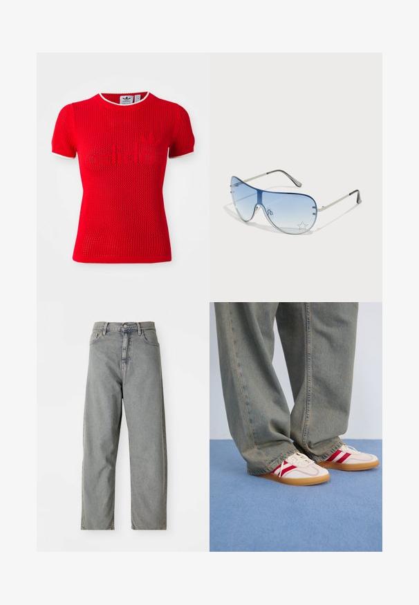 Piros hálós póló rövid ujjal, kerek nyakkivágással és kontrasztos fehér díszítéssel. A középen elhelyezkedő logó "adidas" felirattal rendelkezik, texturált mintázattal.; Világosszürke farmernadrág, egyenes lábakkal, elülső gombzárral, öt zsebbel és enyhe kopással.; Fehér sportcipő piros csíkokkal, textúrált vászon felsőrész, kerek orr, lapos gumitalp, laza, koptatott kék farmernadrággal párosítva.; Pilóta napszemüveg, melynek áttetsző kék lencséje, ezüst fém kerete és díszes csillag díszítések találhatók a lencsén. Simogató és elegáns dizájn.