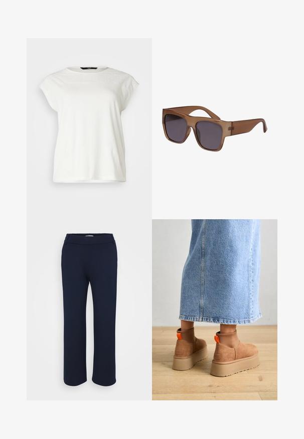 Tricou alb cu mânecă scurtă, cu un guler din dantelă texturată, de formă rotundă și o croială lejeră. Material din bumbac moale, cu detalii subtile pe umeri.; Pantaloni drepti de culoare bleumarin, dintr-un material elastic, având un tiv plat și două buzunare laterale pentru funcționalitate.; Botine maro din suede cu platformă, cu panouri elastice pe laterale și mânere portocalii, asortate cu o fustă din denim deschis până la genunchi, pe un podea din lemn.; Ochelari de soare semi-transparenti, maro, cu un cadru pătrat și lentile întunecate. Brațele sunt elegante și ușor curbate pentru un aspect modern.