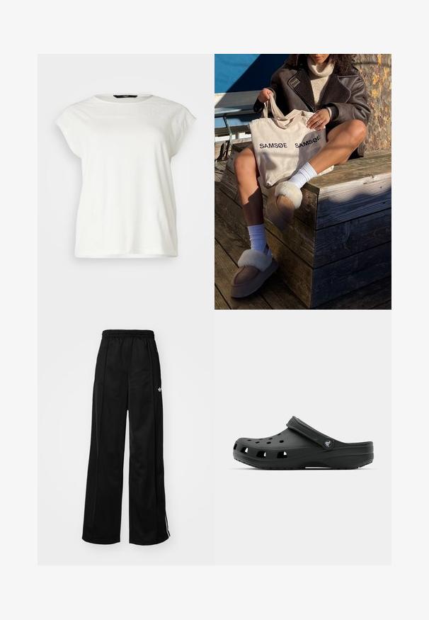 Bela majica s kratkimi rokavi z teksturiranim čipkastim delom, okroglo ovratnik in sproščen fit. Mehka bombažna tkanina z diskretnimi detajli na ramenih.; Črne široke trenirke z elastičnim pasom, ki imajo bele stranske črte in majhen logotip na levem boku. Gladka tekstura tkanine.; Črne plastične klompe z ventilacijskimi luknjami, zadašnjim trakcem, teksturiranim podplatom in poudarjenim logotipom. Lahka zasnova je idealna za sproščeno nošenje.; Bežna torba z natisnjenim napisom "SAMSOE" dvakrat, svetlo rjave natikače z belim krznom, bele nogavice in rjav plašč iz ovčje kože na leseni površini.