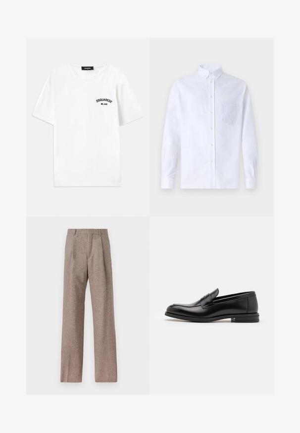 Camiseta blanca de algodón con cuello redondo, mangas cortas y un logo bordado en negro que dice "DSQUARED2 MILANO" en el lado izquierdo del pecho.; Camisa blanca de manga larga y botonadura frontal, hecha de algodón, con un bolsillo en el pecho con bordado tonal, cuello y puños con botones.; Pantalones marrones de cintura alta hechos de una tela texturizada. Presentan piernas anchas y dos pliegues frontales para dar estructura. Acabado limpio sin hardware visible.; Mocasines de cuero negro con una textura suave, puntera redondeada y una tira decorativa en el empeine. Tacón bajo apilado, diseño minimalista.