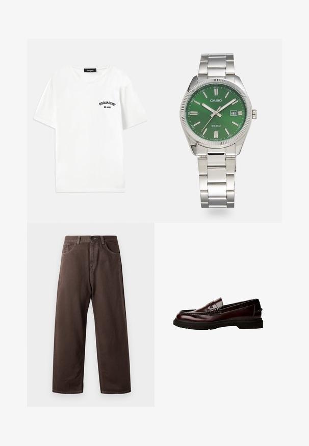 T-shirt bianca in cotone con collo rotondo, maniche corte e un logo ricamato nero con la scritta "DSQUARED2 MILANO" sul lato sinistro del petto.; Pantaloni larghi marroni in cotone, con un classico design a cinque tasche, chiusura con zip e dettagli di cucitura visibili.; Mocassini in pelle marrone con punta arrotondata, cuciture dettagliate e suola in gomma. Presentano una fascia decorativa e una texture liscia.; Orologio in acciaio inossidabile argentato con quadrante rotondo verde, marcatori delle ore argentati, display della data e bracciale a maglie in metallo. Resistente all'acqua fino a 50 metri.