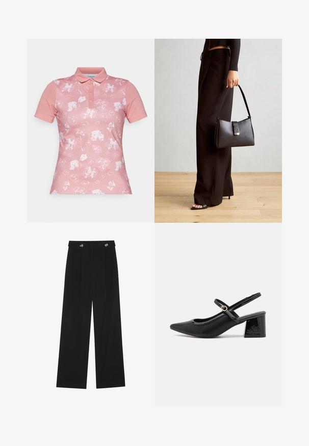 Camisa polo rosa com mangas curtas, colarinho e um padrão floral em tons mais claros de rosa. Fecho de botão com cinco botões na gola.; Calças largas pretas com cintura alta, detalhes em botão na cintura e pregas frontais.; Sabrinas de cerâmica preta com salto bloco, bico apontado e um design com recortes arredondados. Apresenta um detalhe em fivela de tom dourado.; Bolsa preta com forma estruturada, textura suave e um fecho metálico. Combinada com calças largas pretas e sandálias de salto aberto sobre um chão de madeira.