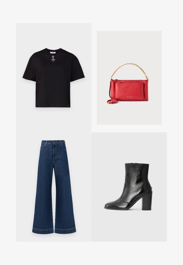 Sort t-shirt med korte ærmer lavet af bomuld, med et centralt sølvfarvet design på brystet. Lige, afslappet pasform med rund halsudskæring.; Bredde ben blå denim jeans med høj talje, der har knaplukning, bæltestropper og diskrete syninger langs lommerne og kanterne.; Sorte læder ankelstøvler med en glat overflade, spids tå og en chunky høj hæl. Har en sidelukning og minimalistisk design.; Rød læderhåndtaske med tekstureret overflade, gylden kæde og rem, lynlåslomme foran og præget logo. Kompakt og struktureret design.