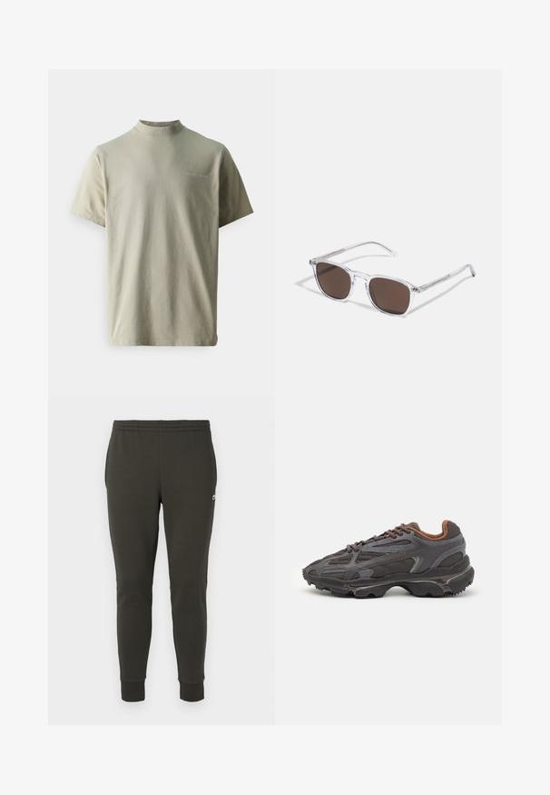 Samsøe Samsøe NORSBRO - Paprasti marškinėliai - taupe; Tamsiai žali džinsai, pagaminti iš minkštos medžiagos, su elastingu juosmeniu, iškiliais rankogaliais ir mažai logo šone.; Lacoste sportbačiai tamsiai pilki, pagaminti iš tinklinės ir sintetinių medžiagų, su tekstūruotu padu ir rudomis detalėmis ant apykaklės bei prekės ženklo.; Skaidrūs plastikiniai saulės akiniai su stačiakampiais rudos spalvos lęšiais, pasižymintys plonais, skaidriais šonais ir metaliniais akcentais ant rėmo.