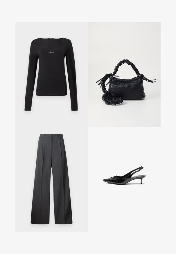 Must mustärgne pikkade varrukatega särk, mis on valmistatud siledast kangast, millel on ruudukujuline kaelus ja väike valge "REPLAY" logo rinnal.; Tumesed püksid tumesinises kangas, kõrge vöökoht, üks voldik ning sile struktuur puhaste ääristega.; Musthave nahkased kõrged kontsad, millel on terav varvas, väike kitten-kont ja dekoratiivne sõlm ees. Ühtlane sile tekstuur.; Must must sünteetilisest nahast käekott, millel on krokodillimuster, kokku tõmmatav ülaosa ja kortsus rihm. Tundub pehme ja kompaktne disain.