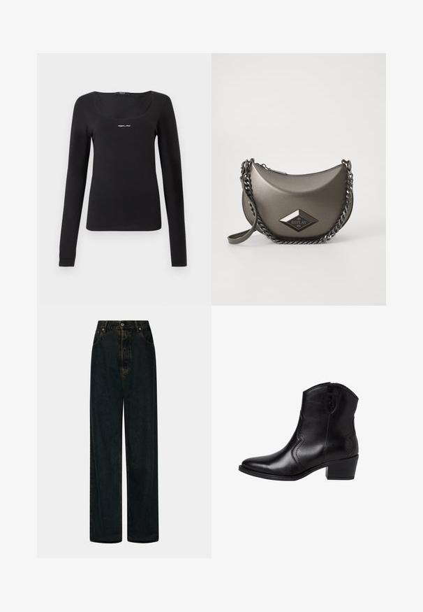 Sort langærmet skjorte lavet af glat stof, med firkantet udskæring og et lille hvidt "REPLAY" logo på brystet.; Højtaljede viddebenede mørkeblå denim jeans med frontknap og lynlås, bæltestropper og forlommer.; Sorte læder ankelstøvler med spids tå, buede sidelommer og en lav, blokhæl. Har en lynlås lukning og en glat overflade.; Metallic grå skuldertaske i halvmåneform med kædestrop og en diamantlogo-patch. Glat overflade og lynlåslukning.