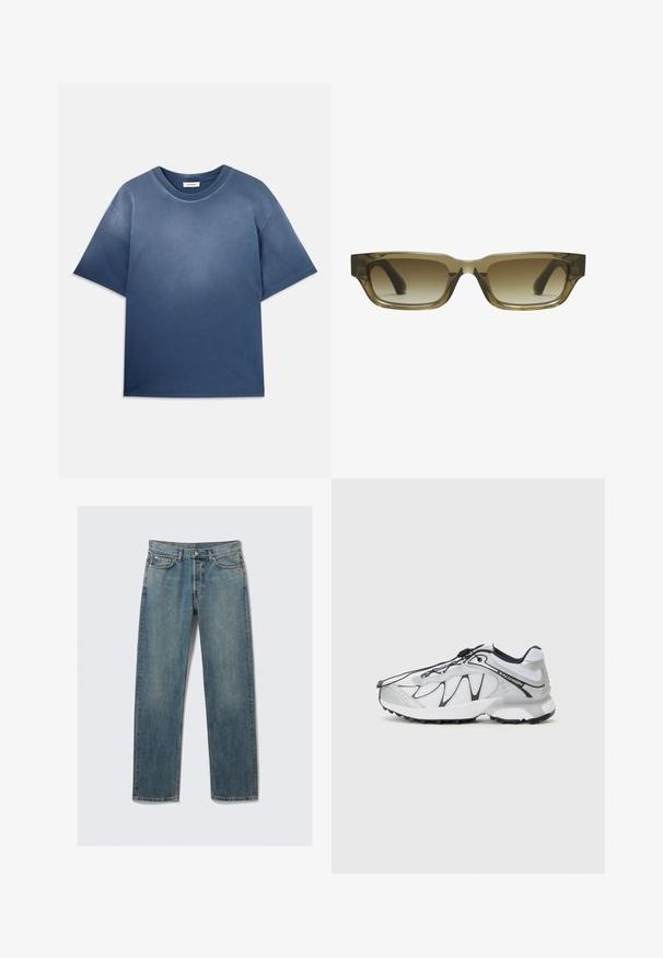 Zila kokvilnas t-krekt ar brīvu piegriezumu, īsām piedurknēm, apaļu kakla izgriezumu un maigu tekstūru. Iezīmē pakāpenisku krāsas izbalēšanas efektu.; Zili taisni džinsi no denima ar priekšējiem un monētu kabatām, jostas cilpām un metāla pogu aizdari uz vienkrāsaina fona.; Baltas sporta apavi ar acs audumu, melniem akcentiem, strukturētu gumijas zoli un elastīgu šņorēšanas sistēmu. Gaiši un ar modernu dizainu.; Brūna gradienta saulesbrilles ar taisnstūrveida formu, biezām masīvām rāmjiem un melniem tempļiem. Caurspīdīgs brūns materiāls piešķir dimensiju.