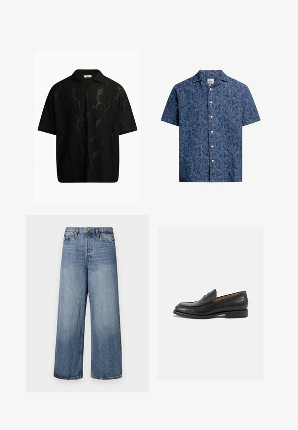 Černé polo tričko s krátkým rukávem, které má strukturovaný, abstraktní vzor. Límec je plochý a mírně rozepnutý, což podtrhuje uvolněný design.; Košile s krátkým rukávem, zapínání na knoflíky, vyrobená z текстurované tmavě modré látky s jemným vzorem a klasickým límečkem. Obsahuje bílé knoflíky vpředu.; Modré džínové kalhoty s širokým střihem, vybledlý wash, pět kapsových design a zapínání na knoflík. Vybavené poutky na opasek a prošívanými detaily.; Černé kožené mokasíny s hladkým povrchem, zaoblenou špičkou a dekorativním prošíváním na svršku. Nízký podpatka a mírný lesk.