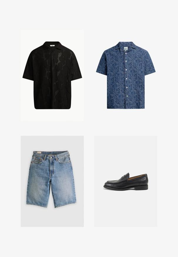 Čierne polo tričko s krátkym rukávom s textúrovaným abstraktným vzorom. Golier je plochý a jemne otvorený, čo umocňuje uvoľnený dizajn.; Košeľa s krátkym rukávom, zapínaná na gombíky, z textúrovaného tmavomodrého materiálu s jemným vzorom a klasickým golierom. Obsahuje biele gombíky pozdĺž prednej strany.; Denimové šortky v svetlomodrej farbe s klasickým strihom. Obsahujú päť vreciek, oranžové švy a surové okraje.; Čierne kožené mokasíny s hladkým povrchom, zaoblenou špičkou a dekoratívnym prešívaním na prednej časti. Nízky kokteilový opätok a jemný lesk.