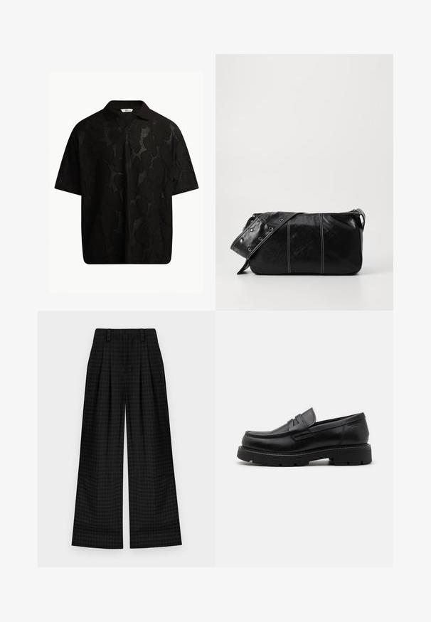 Svart kortermet polo skjorte med et teksturert, abstrakt mønster. Kragen er flat og litt åpen, noe som gir et mer avslappet design.; Svarte rutete brede bukser med legg, med en glatt tekstur og klassisk design. Lett stoff for komfort.; Sorte lærloafers med rund tå, teksturerte detaljer på fronten, og en tykk gummisåle med spor for bedre grep.; Svart lær skulderveske med glidelås, med teksturert overflate, hvite sømmer og en stropp med sølvringer.