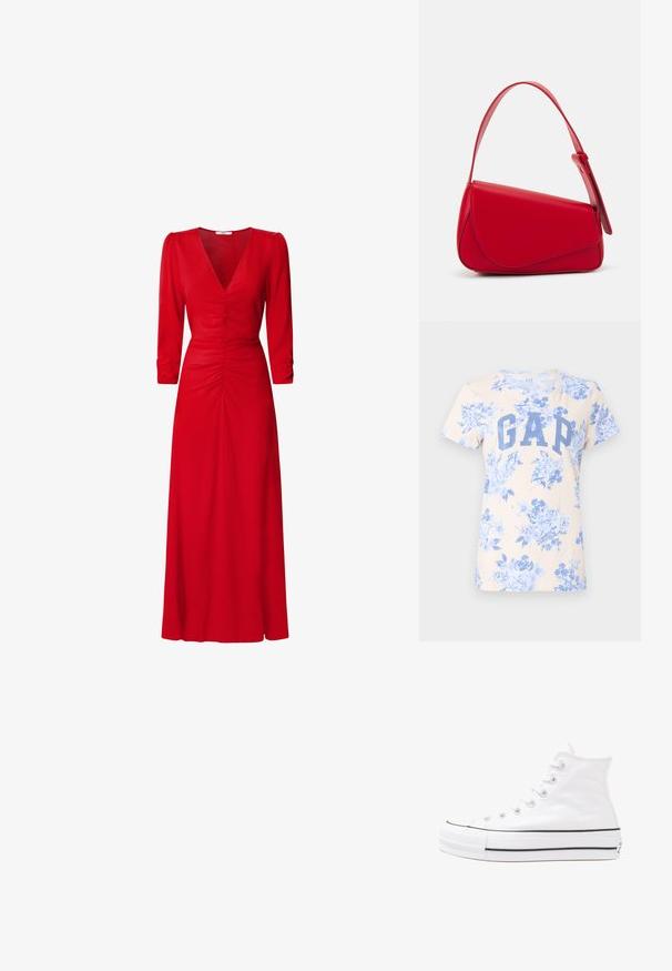 Light beige t-shirt with blue floral pattern and a large blue "GAP" logo on the front. Short sleeves and a classic crew neck design.; Red dress with a V-neckline, three-quarter sleeves, and ruched detailing at the waist and back. Fabric appears smooth and lightweight.; White high-top canvas sneaker with black rubber sole, front rubber toe cap, and six eyelets for laces, featuring a clean, minimalist design.; Red leather handbag with an angular, geometric design. Features a single adjustable strap and a flap closure with stitched detailing.