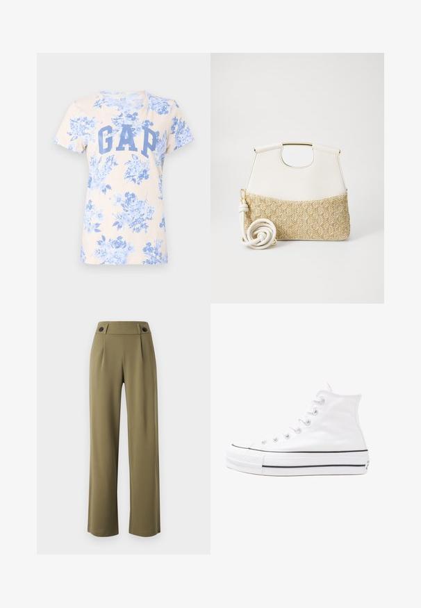 Light beige t-shirt with blue floral pattern and a large blue "GAP" logo on the front. Short sleeves and a classic crew neck design.; Olive green, wide-leg trousers with a high waist, featuring two black buttons on the waistband and front pleats. Smooth fabric texture.; White high-top canvas sneaker with black rubber sole, front rubber toe cap, and six eyelets for laces, featuring a clean, minimalist design.; White leather handbag with a textured cream woven fabric bottom. Features a gold-tone handle and a coiled white strap for versatility.