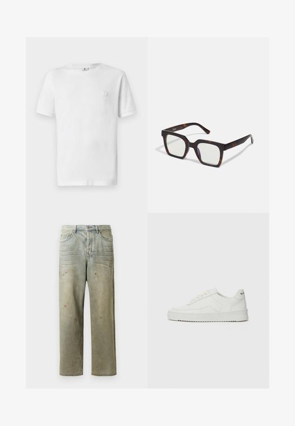 White cotton t-shirt with a round neck and short sleeves. Features a small, textured logo on the left chest area. Smooth fabric texture.; Distressed denim jeans in light green, featuring a straight leg, five-pocket design, and uneven fading with paint splatters.; White leather sneaker with a smooth finish, round toe, flat laces, and a textured sole. Features a subtle logo on the heel.; Square sunglasses with a tortoiseshell acetate frame and clear lenses. Features wide temples and a matte finish, enhancing overall durability.