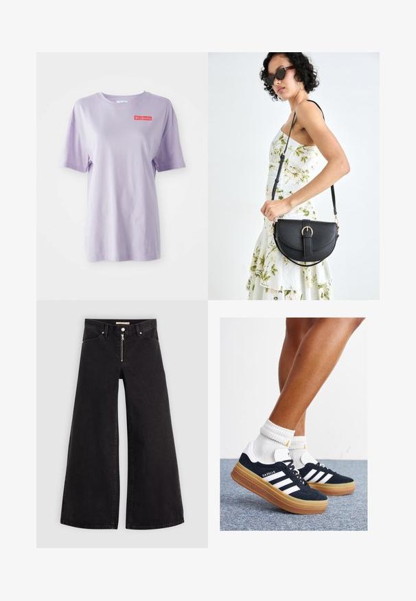 Lila kratka majica s kratkimi rokavi iz bombaža z okroglo ovratnico in rdečim logotipom Columbia spredaj. Gladka tekstura, sproščen kroj.; Široke traperice iz črnega denima z zadrgo spredaj, petimi žepi in diskretnimi šivi. Gladka tekstura in ležeren slog.; Črni antilop superge z belimi črtami in poudarki, okrogel prst, gumijasti podplat, kombinirane z belimi rebrastimi nogavicami.; Črna usnjena torbica s ukrivljeno obliko, z odstranljivo naramnico in zlatimi dodatki. Torbica ima pokrov s podrobnostmi v obliki zaponke.