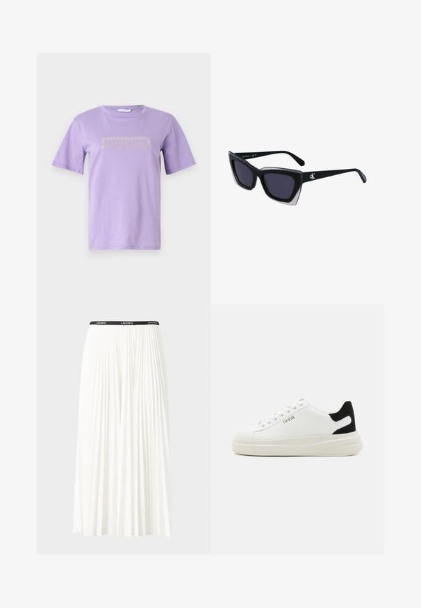 Lila színű, puha anyagú póló, rövid ujjakkal. Az elején egy, ellentétes színű, strasszkövekkel díszített, téglalap alakú logó található.; Plisszírozott fehér szoknya fekete elasztikus derékkal, amelyen a "LACOSTE" logó található. Középhosszú kialakítás, puha tapintással.; Fehér bőr sportcipők vastag fehér talppal, fekete velúr sarokpikkelyel és dombornyomott logóval az oldalon. Fűzős kialakítás, hat fűzőlyukkal.; Fekete, nagyméretű napszemüveg geometrikus formával, sötét lencsékkel és kontrasztos szürke részlettel a kereten. Logó a szárán.; Ezüst karika fülbevalók sima, fényes felülettel. Lekerekített forma, könnyű kialakítással, tűs zárómechanizmussal.