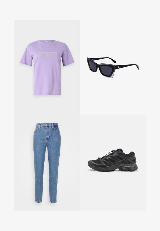 Lilla t-shirt i blødt stof med korte ærmer. Forsiden har et rektangulært logo prydet med rhinsten i en kontrasterende farve.; Blå højtaljede lige jeans med frontknap og lynlås, bæltestropper og lommer, præsenteret på en ensfarvet hvid baggrund.; Sort løbesko med mesh og syntetisk overdel, fleksibel sål og elastiske snørebånd. Har en polstret mellemsål for komfort.; Store sorte oversized solbriller med geometrisk form, med mørke linser og en kontrasterende grå detalje på stellet. Logo på armen.; Sølv hoop øreringe med en glat, skinnende overflade. Rundet form, letvægtsdesign med post-back lukning.