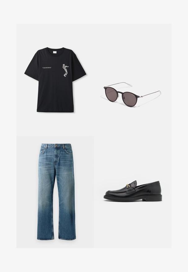 Svart bomull T-skjorte med oversized passform. Har hvit tekst "United By Rhythm" og grafisk design på fronten. Klassisk rund hals stil.; Lyseblå vide jeans med en falmet vask, med en enkelt knaplukning, fem lommer og kontrastsyninger.; Sorte skinnloafers med rund tå, prydet med gullhardware og stingdetalj, plassert på en lav, teksturert gummisåle.; Sorte, runde solbriller med mørke linser og slanke metalarmer. Inkluderer klare temple tips og sølvfargede detaljer ved hengslet. Minimalistisk design.