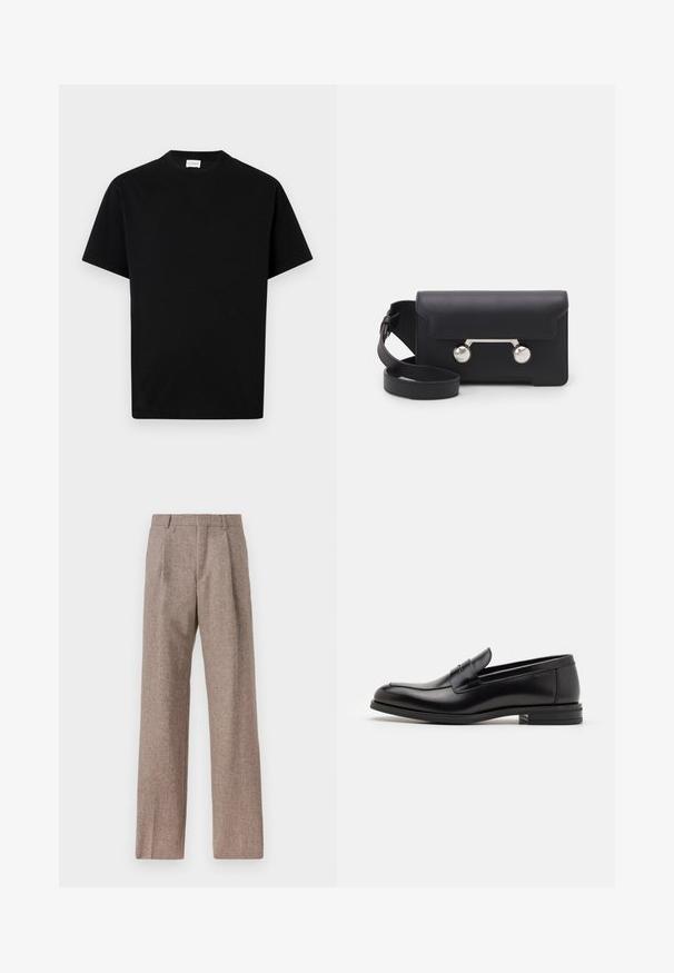 Juodas medvilninis marškinėliai su apvaliu iškirpimu, trumpomis rankovėmis ir tiesiu siluetu. Be matomų raštų ar metalinių detalių.; Rudos, aukšto liemens kelnes, pagamintas iš tekstūruotos medžiagos. Plati kojos, dvi priekinės klostės struktūrai. Tvarkingas apdailos darbai, be matomų detalių.; Juodos odinės loafers, turinčios lygų paviršių, apvalią noselę ir dekoratyvinę juostą per priekinę dalį. Žemas krentantis kulnas, minimalistinis dizainas.; Juodas odinis kryžminis krepšys su sklendės uždarymu, sidabro spalvos detalėmis ir dviem apvaliais akcentais. Yra nusiimamas diržas. Lygus paviršius.