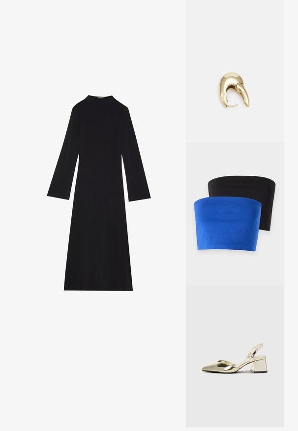 Två axellösa toppar, en blå och en svart, tillverkade av mjukt material. Båda har en enkel design med rena kanter och inga ytterligare detaljer.; Svart långärmad klänning i ribbat tyg, med hög krage och en utsvängd siluett med en kjollängd som når mitten av låret.; Guld, metalliska slingback-klackar med spetsig tå och chunky klack. Slät textur, minimalistisk design och en smal rem.; Svart läderhandväska med en böjd form, avtagbar rem och guldiga detaljer. Väskan har ett lock med en spänndetalj.; Örhänge i guldtonad metall med en elegant, böjd design. Har en distinkt spetsig form, polerad yta och gångjärnslås.