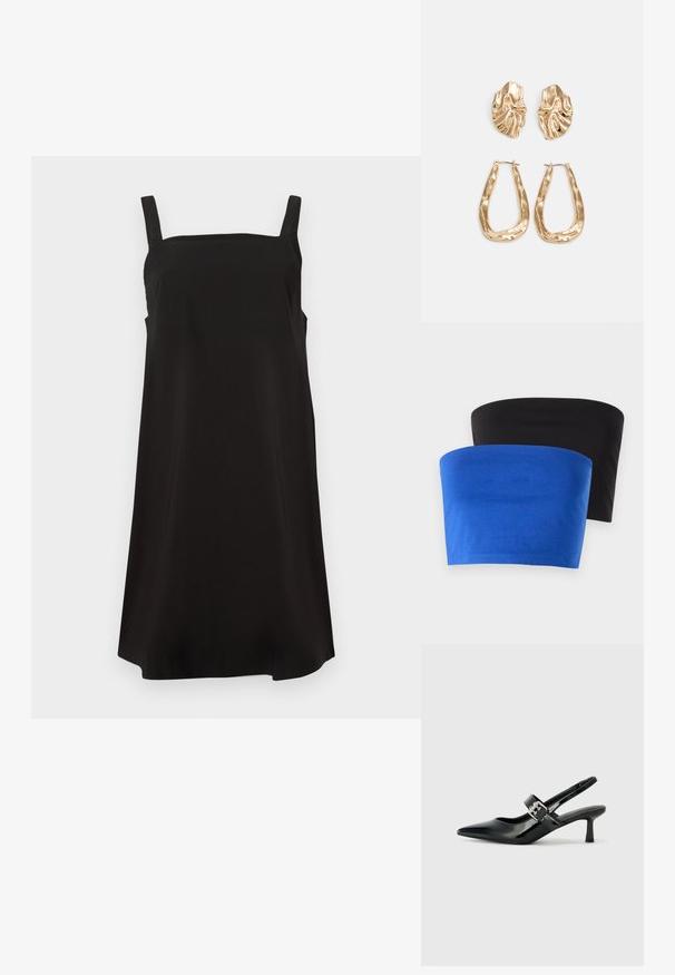 Dos tops sin tirantes, uno azul y uno negro, hechos de una tela suave. Ambos presentan un diseño simple con bordes limpios y sin detalles adicionales.; Vestido negro sin mangas con escote cuadrado, hecho de una tela suave, que presenta un corte suelto y recto. Sin patrones ni herrajes visibles.; Zapatos de tacón en charol negro con tira al tobillo, punta afilada y un pequeño tacón bloque, que cuentan con un acento de hebilla plateada en la correa.; Bolso de piel negra con forma curva, correa desmontable y herrajes dorados. El bolso cuenta con una solapa con un detalle de hebilla.; Pendientes en tono dorado que presentan formas texturizadas y onduladas. Incluyen aros de clip esculturales y un diseño de aro abierto con un acabado martillado.