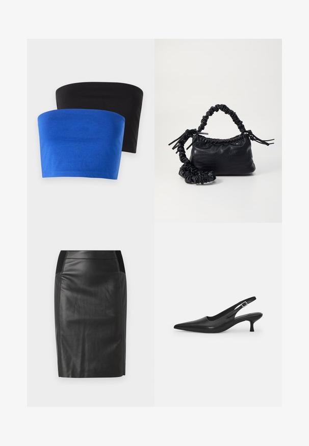 Due top senza spalline, uno blu e uno nero, realizzati in un tessuto morbido. Entrambi presentano un design semplice con bordi puliti e senza dettagli aggiuntivi.; Gonna a tubino nera in pelle con un design aderente, texture liscia e dettagli con elastico sui lati. Orlo piatto nella parte inferiore.; Scarpa slingback nera in pelle con punta affusolata e tacco sottile e curvato. Presenta una discreta fascia regolabile con una fibbia in metallo.; Borsa a tracolla in ecopelle nera con texture a coccodrillo, apertura cinchata e tracolla arricciata. Si presenta con un design morbido e compatto.