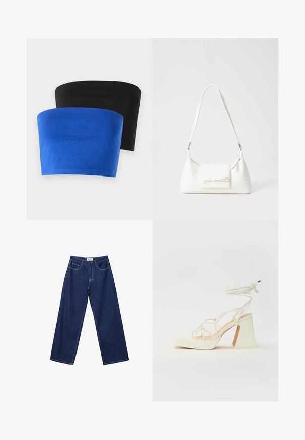 Kaksi olkaimetonta toppia, yksi sininen ja yksi musta, pehmeästä kankaasta. Molemmissa on yksinkertainen muotoilu, jossa on siistit reunat eikä lisäyksityiskohtia.; Tumma sininen farkut, joissa on leveät lahkeet, nappikiinnitys, viisi taskua ja kontrastivalkoiset tikkaukset. Kankaan pinta on sileä, hieman teksturoitu.; Valkoinen korkokenkä, jossa on paksu korko, ja joka sisältää nauhakiinnityksen ja nilkkaketjun. Sujuva pinta, jossa on platform-etupohja lisäkorkeutta varten.; Valkoinen synteettinen käsilaukku, jossa on kolmikulmainen muoto, tasainen etu läppä ja nauhadetail, säädettävä olkahihna, sileä rakenne ja minimalinen muotoilu.