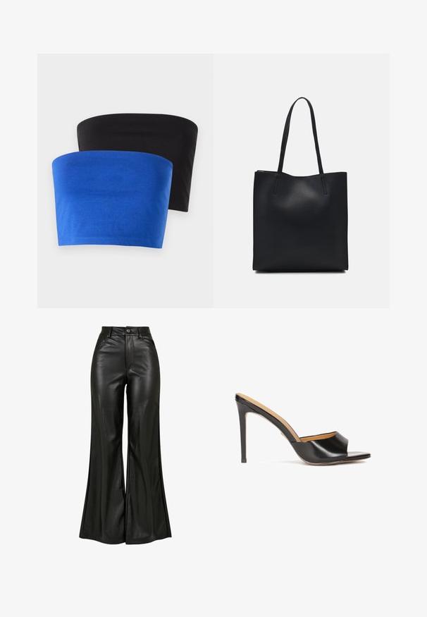 Zwei trägerlose Oberteile, eines blau und eines schwarz, aus weichem Stoff. Beide haben ein einfaches Design mit sauberen Kanten und ohne zusätzliche Details.; Schwarze Lederhose mit ausgestelltem Schnitt und glatter Textur. Sie verfügt über eine hohe Taille, Knopfverschluss und Vordertaschen. Breites Bein-Design und polierte Oberfläche.; Schwarze offene Absatzmules mit glänzendem Lederfinish, konischem Blockabsatz und einem sanft geformten Riemen über dem Spann.; Schwarze Laptoptasche aus Leder mit glatter Textur, rechteckiger Form und zwei langen Griffen. Keine sichtbaren Beschläge oder Verzierungen.