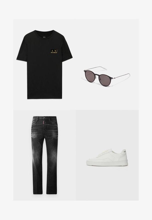 Must musta T-särk ümmarguse kaelusega. Vasakul rinnal on väike kuldne logoplekk tekstiga "AX Armani Exchange". Klassikaline lõige.; Mustad denim püksid otse lõikega. Omavad kulunud piirkondi, väikseid kahjustusi, klassikalist viit taskut ning nööpkinnitust.; Valge nahast tennis, millel on sile põhi, ümar varvas, lamedad nöörid ja tekstuuriline tall. Sisaldab diskreetset logo kontsaribal.; Mustad mustad prillid tumedate läätsedega ja õhukeste metallist käepidemetega. Kaarja kujuga seljaosa ja hõbedased aktsendid hingel. Minimalistlik disain.