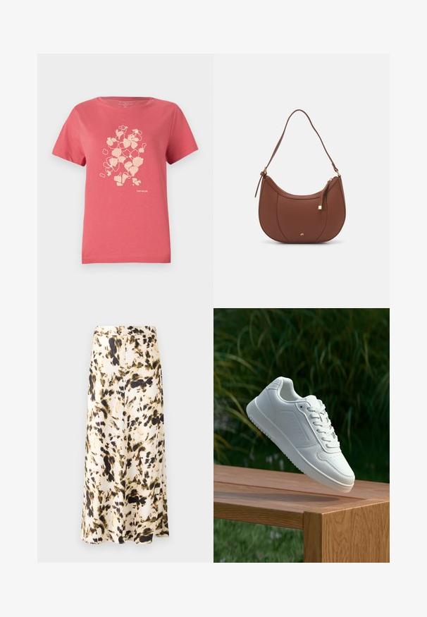 Coral pink cotton t-shirt with short sleeves, featuring a light floral print and "TOM TAILOR" logo at the bottom. Round neckline.; A knee-length skirt in a light fabric with a beige, brown, and green abstract pattern. Features a fitted waistband and flowing design.; White sneaker with a smooth synthetic upper, perforated toe box, flat laces, and a textured sole, displayed on a wooden surface.; Brown faux leather shoulder bag with curved shape, minimal stitching, and a gold-tone hardware accent. Features a top zipper closure and adjustable strap.