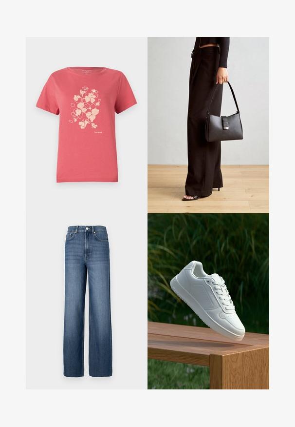 Korálovo ružové bavlnené tričko s krátkymi rukávmi, s jemnou kvetinovou potlačou a logom "TOM TAILOR" dole. Okrúhly výstrih.; Modré denimové džínsy s vysokým pásom a širokým strihom. Obsahujú klasický dizajn s piatimi vreckami a kovovými gombíkmi.; Biele tenisky s hladkým syntetickým zvrškom, perforovanou špičkou, plochými šnúrkami a textúrovanou podrážkou, vystavené na drevenej ploche.; Čierna kabelka so štruktúrovaným tvarom, hladkou textúrou a kovovou sponou. V kombinácii so širokými čiernymi nohavicami a sandálmi s otvorenou špičkou na drevenej podlahe.