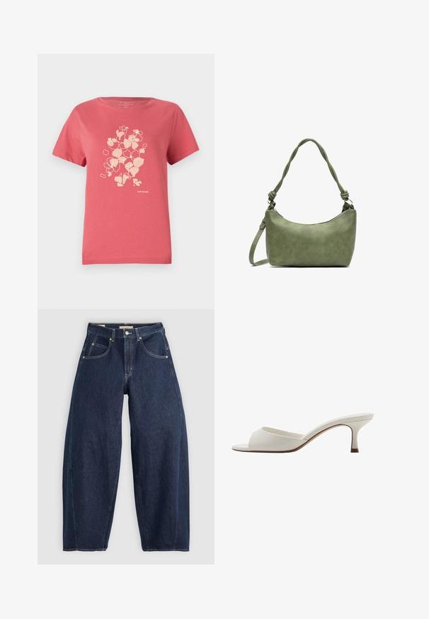Koralfarvet bomulds t-shirt med korte ærmer, der har et let blomstermønster og "TOM TAILOR" logo nederst. Rund halsudskæring.; Mørkeblå denim jeans med løs pasform, lyse syninger, fem lommer og en knaplukning ved taljen.; Hvide åbne højhælede mules med en glat finish, minimalistisk design og en slank hæl, der har en subtil brun accent på sålen.; Grøn lædertaske med en glat tekstur, buet form og flettet håndtag. Har lynlås lukning og justerbar rem.