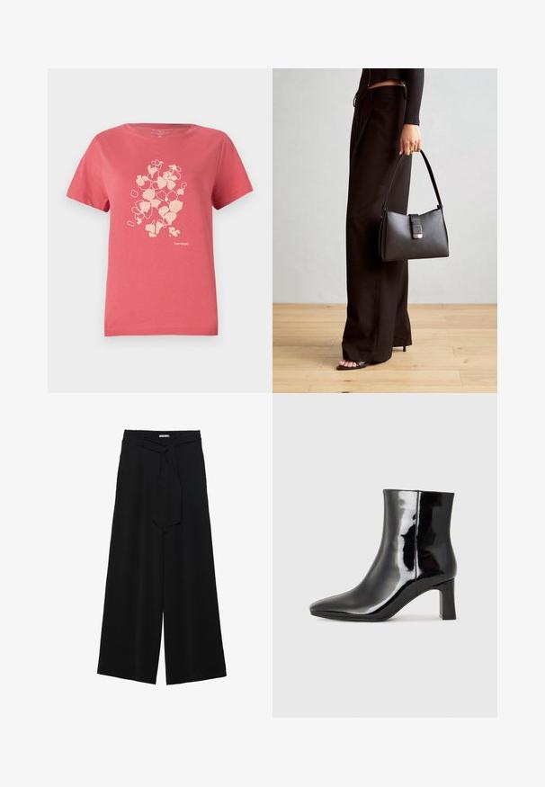 Koralroosa puuvillane lühikeste varrukatega T-särk, millel on hele lilleline print ja "TOM TAILOR" logo alt. Ümar kaelus.; Mustad laiad püksid, millel on tekstureeritud kangas, elastne vöökoht ja eemaldatav pael vööst, et reguleerida sobivust.; Must-sinine nahkjalats musta läikiva viimistlusega, millel on terav nina ja keskmise kõrgusega plokk konts. Sile tekstuur ja minimalistik disain.; Must musta kott, millel on struktureeritud kuju, sile tekstuur ja metallist klamber. Kombineeritud laiate mustade pükstega ja avatud varvaste sandaalidega puidust põrandal.