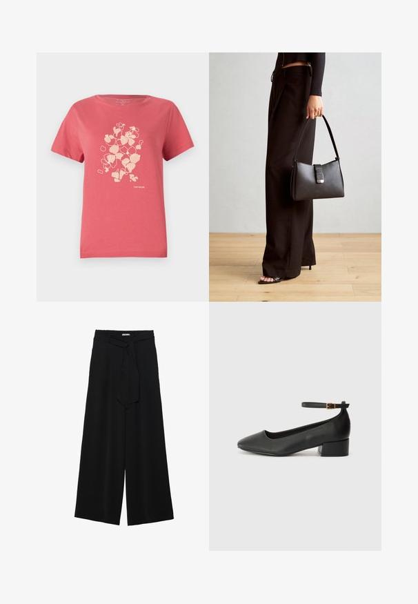 Koralroosa puuvillane lühikeste varrukatega T-särk, millel on hele lilleline print ja "TOM TAILOR" logo alt. Ümar kaelus.; Mustad laiad püksid, millel on tekstureeritud kangas, elastne vöökoht ja eemaldatav pael vööst, et reguleerida sobivust.; Must mustaapp, millel on terav nina ja madal blokk-kand. Omab pahkluu rihma koos kuldse tooni pandlaga. Sile tekstuur.; Must musta kott, millel on struktureeritud kuju, sile tekstuur ja metallist klamber. Kombineeritud laiate mustade pükstega ja avatud varvaste sandaalidega puidust põrandal.