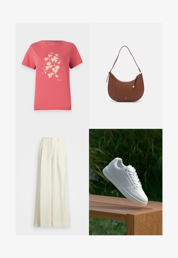 Coral pink cotton t-shirt with short sleeves, featuring a light floral print and "TOM TAILOR" logo at the bottom. Round neckline.; Wide-leg trousers in off-white fabric, featuring a high waist, double pleats, and a button closure. Smooth texture and tailored design.; White sneaker with a smooth synthetic upper, perforated toe box, flat laces, and a textured sole, displayed on a wooden surface.; Brown faux leather shoulder bag with curved shape, minimal stitching, and a gold-tone hardware accent. Features a top zipper closure and adjustable strap.