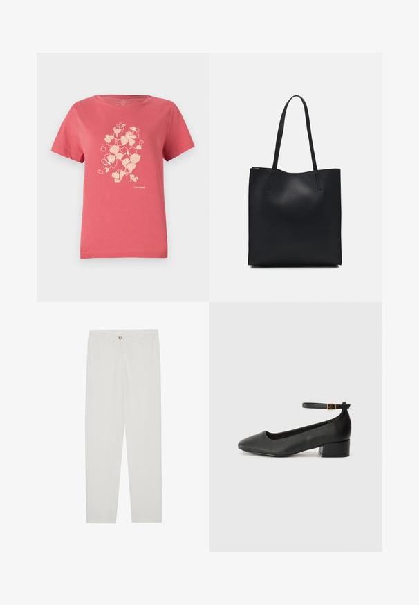Korálovo ružové bavlnené tričko s krátkymi rukávmi, s jemnou kvetinovou potlačou a logom "TOM TAILOR" dole. Okrúhly výstrih.; Biele, priliehavé nohavice s rovnými nohavicami, so zapínaním na gombík, pútkami na opasok a bočnými vreckami; hladká textúra látky.; Čierne kožené lodičky s špicatou špičkou a nízkym blokovým podpätkom. Obsahuje remienok okolo členka so zlatým prackou. Hladký povrch.; Čierna kožená taška na rameno s hladkým povrchom, obdĺžnikovým tvarom a dvoma dlhými uchami. Bez viditeľného kovania alebo ozdôb.