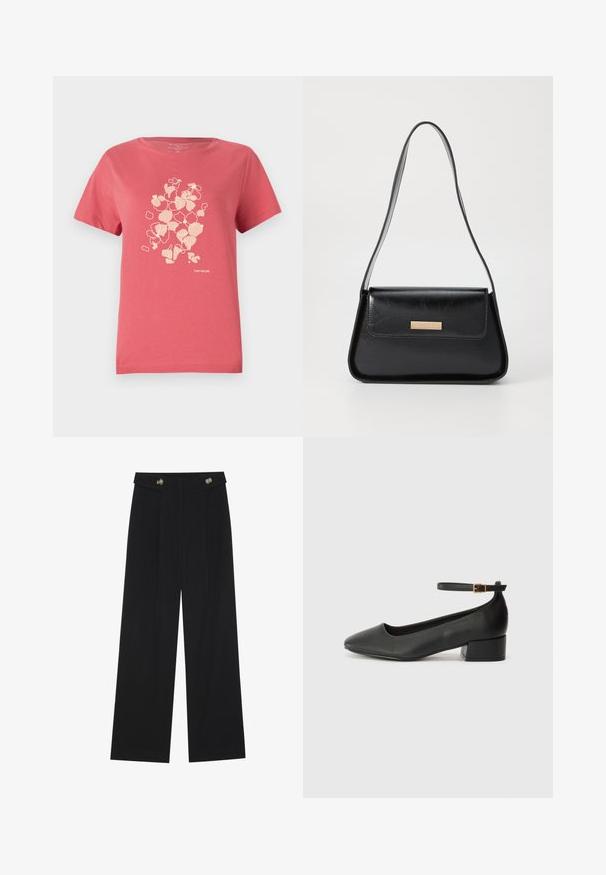 Koralfarvet bomulds t-shirt med korte ærmer, der har et let blomstermønster og "TOM TAILOR" logo nederst. Rund halsudskæring.; Sorte vide bukser med høj talje, knapdetaljer på taljebåndet og frontfald.; Sorte læderpumper med spids tå og en lav blokhæl. Har en ankelrem med en guldfarvet spænde. Glat tekstur.; Sorte læderhåndtaske med en struktureret trekantet form, slank rem og hardware i guldtonet, der har en logo-plade på frontklappen.