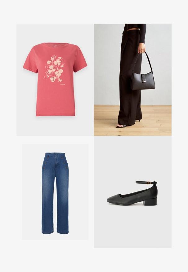 Korall rózsaszín pamut póló rövid ujjal, világos virágmintával és alul elhelyezkedő "TOM TAILOR" logóval. Kerek nyakkivágású.; Közepesen kék, magas derekú farmernadrág. Elöl gombos részletek és széles szárú kialakítás jellemzi. Az anyaga sima tapintású, enyhén megfakult.; Fekete bőr magassarkú cipő hegyes orral és alacsony tömb sarkal. Bokapánttal rendelkezik, aranyszínű csattal. Simább textúra.; Fekete kézi táska strukturált formával, sima textúrával és fémből készült záródással. Széles fekete nadrággal és nyitott orrú szandállal párosítva, fából készült padlón.