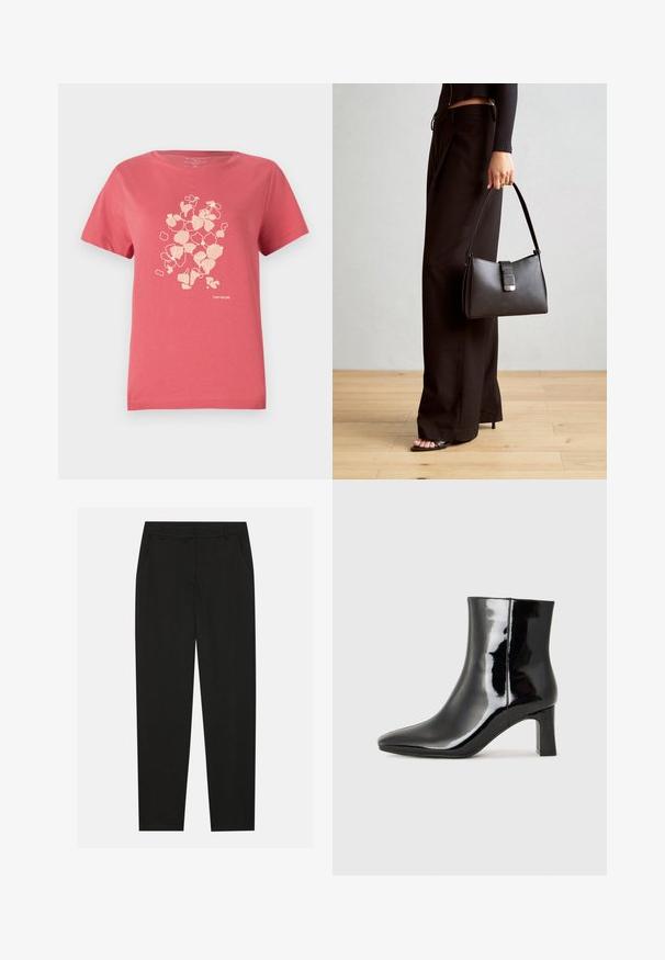 Koralfarvet bomulds t-shirt med korte ærmer, der har et let blomstermønster og "TOM TAILOR" logo nederst. Rund halsudskæring.; Sorte bukser med en skræddersyet design, der har sidelommer og lige ben. Lavet af glat, letvægtsstof med en elegant finish.; Sort lakeret ankelstøvle med spids tå og en midt-højde blokhæl. Glat tekstur og minimalistisk design.; Sort håndtaske med struktureret form, glat overflade og metalspænde. Sammen med brede sorte bukser og sandaler med åben tå på trægulv.