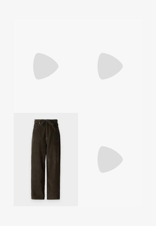 Long-sleeve top in light green, featuring a round neckline and a fitted silhouette made from smooth, stretchy fabric. No patterns or embellishments.; Dark green corduroy pants with a wide leg, a drawstring waistband, two front pockets, and a soft, textured fabric.; Light grey sneaker made of suede and mesh, featuring three white stripes, round toe, and a gum rubber sole. Gold logo accent near laces.; Even&Odd Handbag - brown