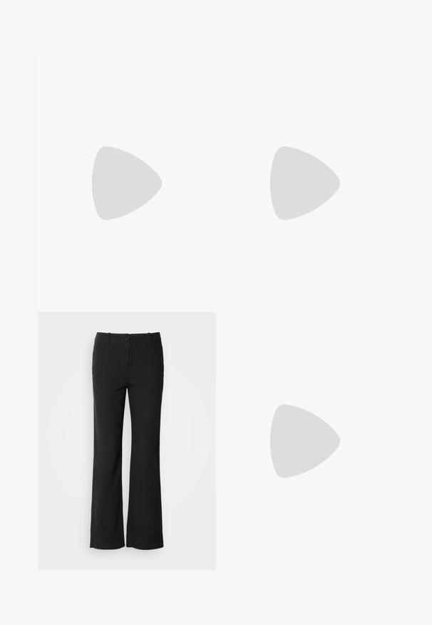 Fekete pamut póló kerek nyakkivágással, rövid, felgöngyölt ujjakkal és testhezálló fazonnal. Sima textúra és minimalista stílus.; Fekete pamut keverék nadrág egyenes szárú dizájnnal, elülső gombos záródással és két oldalsó zsebbel. Simára kialakított textúra, nincs látható minta.; Fekete bőr bokacsizma tömbsarkal és platform talppal, oldalról nézve, sima fehér háttéren.; Fekete bőr keresztpántos táska lapos formával, arany fémrészekkel és állítható pánttal. Simább textúra minimális varrási részletekkel.