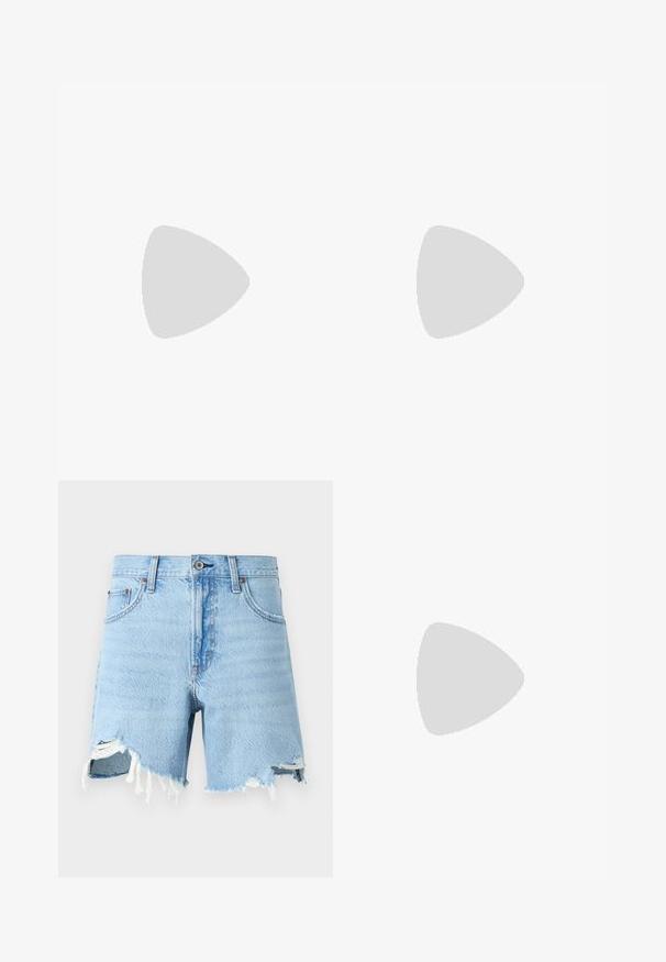 White sleeveless top with a knotted design at the neck, featuring gathered texture along the sides. Made from stretchy material.; Light blue denim shorts with a classic five-pocket design, frayed hem, and distressed details on the front.; Black leather slip-on shoes with a rounded toe, thick textured sole, and subtle stitching detail. Features a small logo on the back.; Black soft leather shoulder bag with adjustable thin strap, gathered sides tied with knots, and small gold logo on front bottom right.