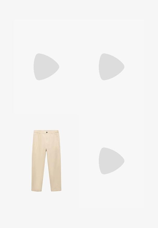 ARMEDANGELS MAARKUS SOLID - Basic T-shirt - white; Beige, casual trousers made of a soft fabric; features an elastic waistband, front pockets, and a straight-leg cut.; Light beige loafers with a pointed toe, smooth material, a strap across the vamp, and a low brown sole. Simple design with minimal accents.; Gold metal aviator sunglasses with large dark green lenses, featuring a thin frame and transparent nose pads for comfort.
