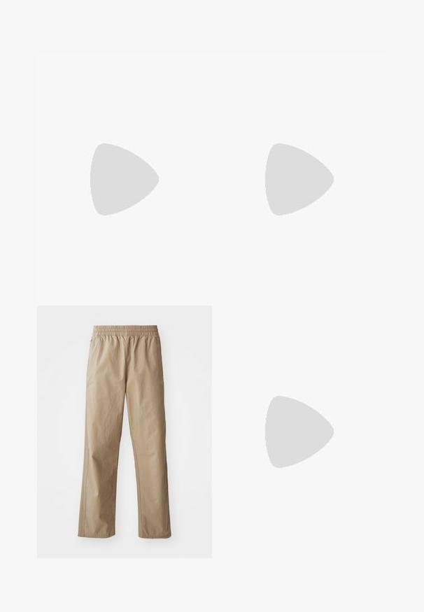 Biela bavlnená tričko s krátkymi rukávmi a okrúhlym výstrihom. Na ľavej strane hrudníka sa nachádza oranžové logo Levi's California.; Bežové, ľahké elastické nohavice s rovnými nohavicami. Majú bočné vrecká a decentné švy. Hladký povrch, elegantný dizajn.; Čierno-biele tenisky s vrchom z semišu a kože, s troma bielymi pruhmi, perforovanou špičkou a gumovou podrážkou.; Slnečné okuliare so zelenými šošovkami, čiernym plastovým rámom na vrchu, zlatými kovovými akcentmi a štíhlymi čiernymi ramenami. Vyznačujú sa jedinečným dizajnom mostíka.