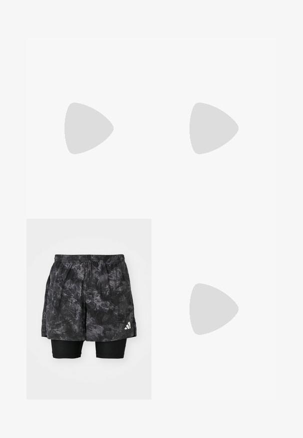 adidas Performance Camisola de manga comprida - white; Bermudas atléticas pretas com um padrão de mármore e calções de compressão interiores. Apresenta um cós elástico e um pequeno logótipo branco na lateral.; Sapatilhas leves para atletismo com um upper em malha creme, riscas cinzentas, um detalhe em verde e um contraforte em azul texturizado. Cordões pretos.; Óculos de sol com uma armação cinza translúcida, lentes com tonalidade e design angular. Apresenta um suporte nasal distinto e hastes em cinza escuro texturizado.