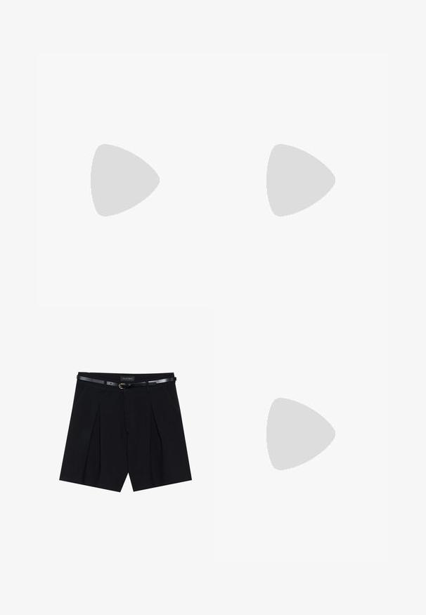 Weißes Baumwoll-T-Shirt mit kurzen Ärmeln, Rundhalsausschnitt und geradem Schnitt. Glatte Textur, einfaches Design, keine sichtbaren Muster oder Akzente.; Schwarze maßgeschneiderte Shorts mit Falten, ausgestattet mit einem schmalen schwarzen Gürtel mit goldener Schnalle. Hergestellt aus einem glatten Stoff, der einen eleganten Look bietet.; Ballettflats aus beigem Leder mit einer schwarzen Kappe. Mit einer vorderen Schleifenverzierung und einer glatten Textur. Niedriges Profil mit einer Gummisohle.; Even&Odd Sonnenbrille - black; Schwarze gewebte Handtasche mit einem gebogenen Griff, die eine strukturierte Oberfläche und eine lässige Form hat. Glatte Oberfläche mit einer organischen Silhouette.