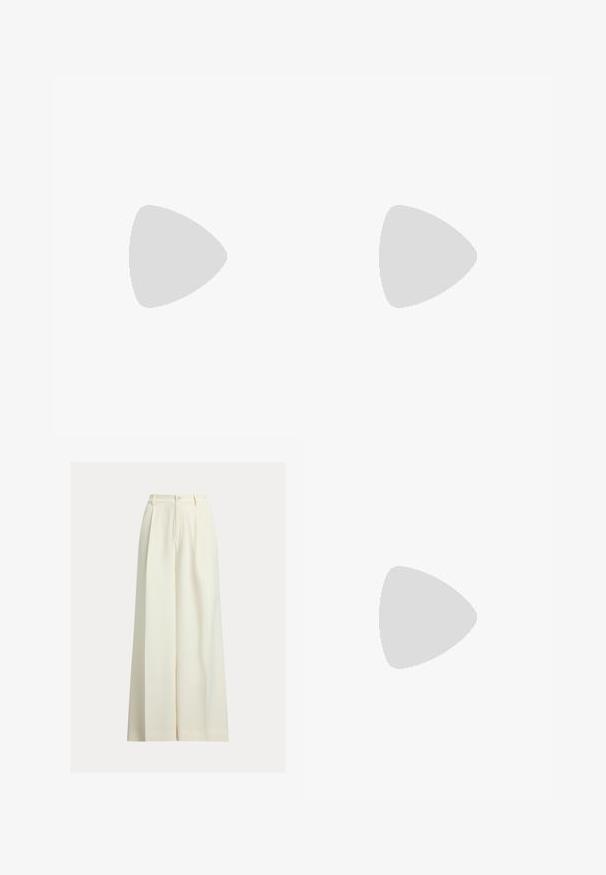 Iro XUNG - Blouse - ecru/silver; Cream wide-leg trousers made from smooth fabric, featuring a high waist, two front pleats, and a single button closure.; Black patent slingback heel with a pointed toe, featuring textured snake print, adjustable strap, and a short, textured block heel.; Black leather crossbody bag with two front pockets, gold buckles, zipper closure, and a slim strap. Textured surface and compact rectangular shape.