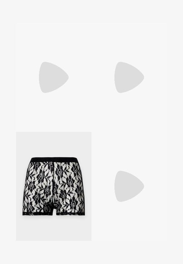 Pleteni bezramni top v bež barvi z rožnatimi geometrijskimi vzorci. Ima ribasto obrobo in mehak teksturiran izgled, primeren za plastenje.; Črne čipkaste kratke hlače s cvetličnim vzorcem in kontrastnim črnim pasom. Prosojna zasnova z mehko teksturo, dolžine do sredine stegen.; Beli nizki športni copati z perforiranim dizajnom, ravnimi vezalkami in teksturiranim gumijastim podplatom. Imajo minimalističen slog in mehak zaključek.; Mornarsko modra torbica iz blaga z teksturiranim dizajnom, srebrno okovje in snemljiva verižica. Ima zaponko na pokrovu in poudarjen logotip.