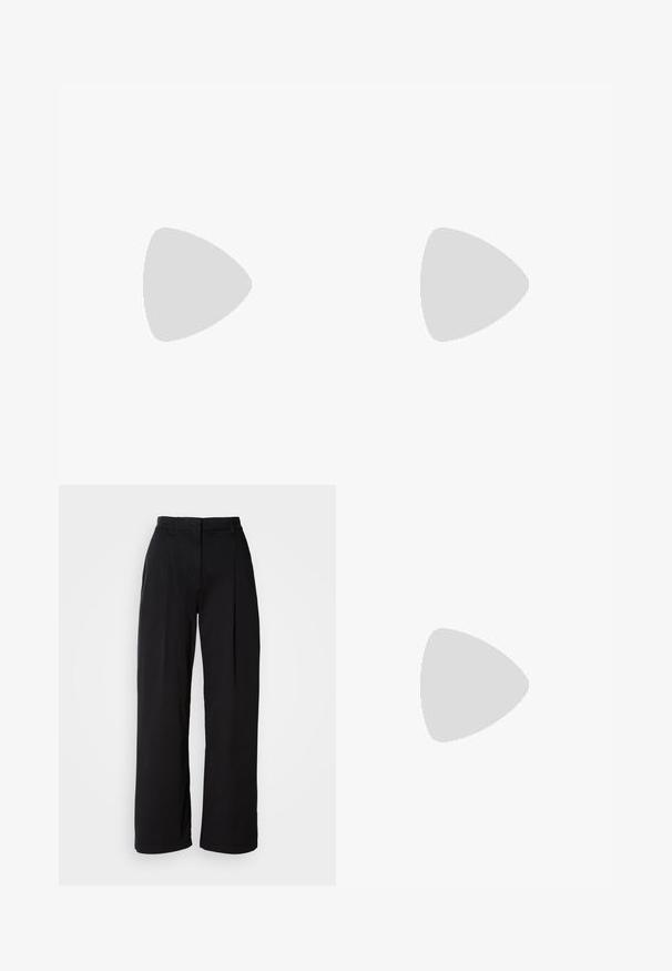 Black denim strapless corset with a fitted design, featuring gold hardware accents and two front pockets. Smooth texture, structured shape.; Black wide-leg pants with a high waist, made of smooth fabric, featuring front pleats and a classic cut. No visible hardware or patterns.; Black leather knee-high boot with a pointed toe and a small heel. Features a sleek design with a gold accent detail. Smooth texture.; Black leather handbag with a curved shape, quilted texture, and gold hardware. Features a detachable shoulder strap and logo detail.