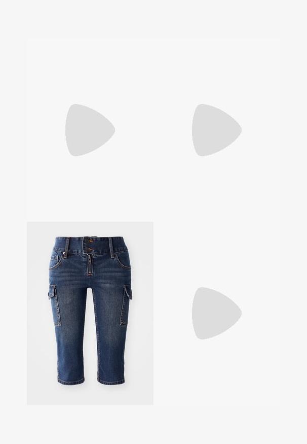 White sleeveless top with a wrap design, made of soft, lightweight fabric. Features a fitted band at the hem and a tied neck strap.; Denim capri pants featuring a dark blue wash, two side cargo pockets, and a double-button fly with a zip closure. Classic five-pocket design.; Black patent leather slingback pump with a pointed toe, cutout sides, adjustable ankle strap, and a thin, sleek heel.; Black leather handbag with a curved design, featuring a single shoulder strap and a gold "cK" logo on the front. Smooth texture and minimalist style.